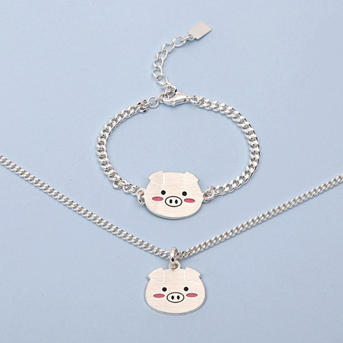 빨간볼 꿀꿀이 돼지띠 실버 미아방지팔찌 목걸이 세트, 1개