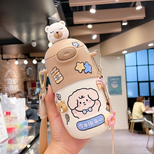 [LM] 500ml 곰 스티커 보온병 스테인레스 스틸 절연 뜨거운 음료 컵 밀짚 선물, Coffee B