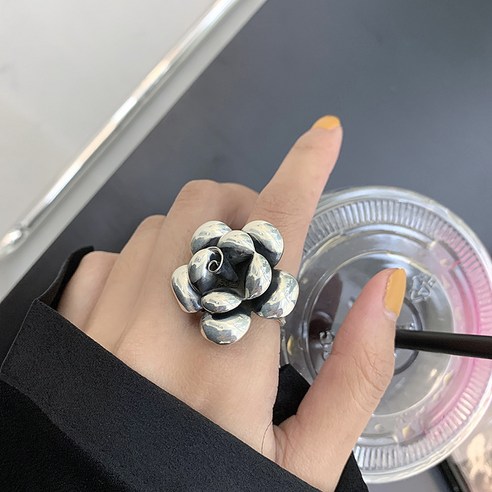 스털링 실버 925 과장된 큰 꽃 반지 모란 오픈 반지 레트로 간단한 유행 오래된 차가운 우아한