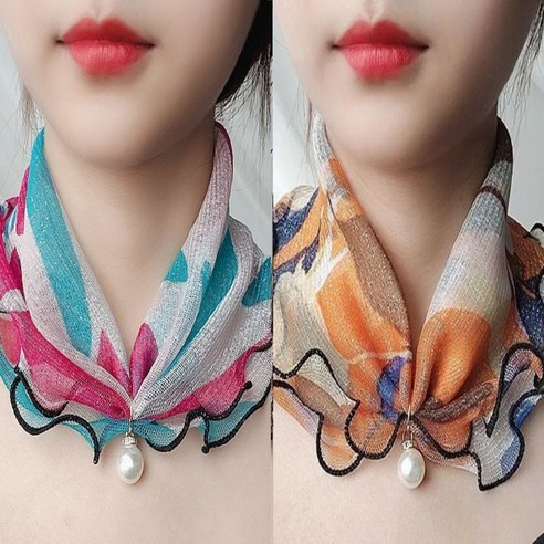 1+1쉬폰레이스넥워머 여성 쁘띠스카프 목보호 진주 메쉬스카프 햇빛가리개 2종세트
