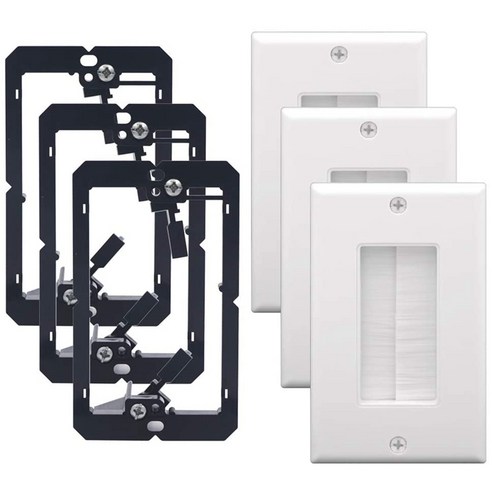 Retemporel 단일 갱이있는 3 팩 브러시 벽 플레이트 저전압 장착 브래킷 케이블 패스 스루 와이어 용 인서트, 화이트 & 블랙