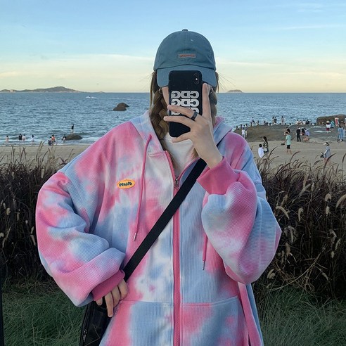 넥타이 염색 스웨터 남자 가을 패션 브랜드 스트리트 Ins 홍콩 스타일 코트 봄과 가을 유행 느슨한 카디건 후드 옷