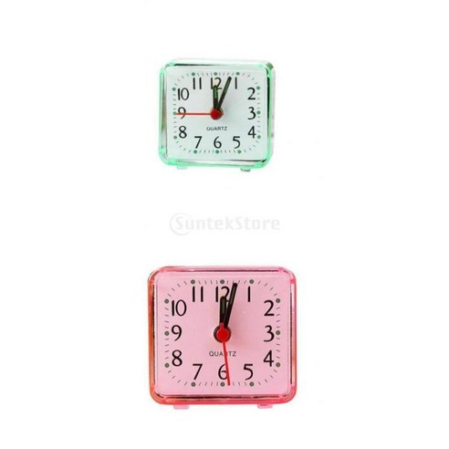 2PCS 미니 광장 석영 시계 여행 알람 시계 침실 홈 테이블 시계, 그린+핑크, ABS 플라스틱