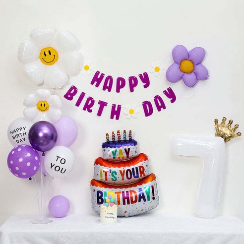 [피앤비유니티] 캐릭터무광데이지 생일케익풍선세트 스탠드형, 08-07)무광데이지생일풍선세트 7 보라, 1세트