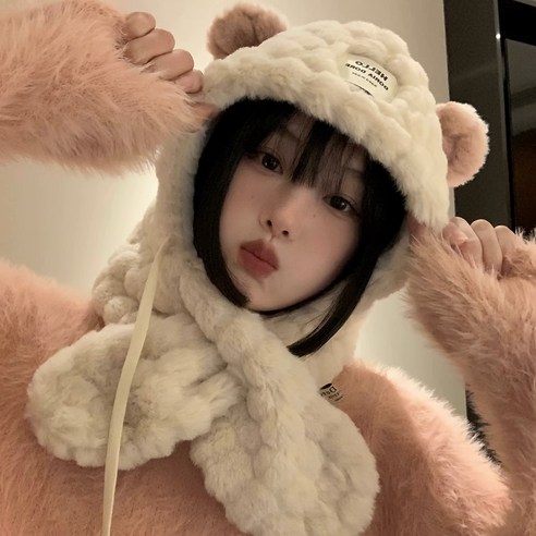 떨샵 귀여운곰돌이후드목도리 바라클라바 후드 넥워머 모자 목도리 귀마개 귀여운 곰 귀 모자와 스카프 올인원 여성 겨울 봉제 두꺼운 따뜻한 사이클링 귀 보호 모자, 핑크