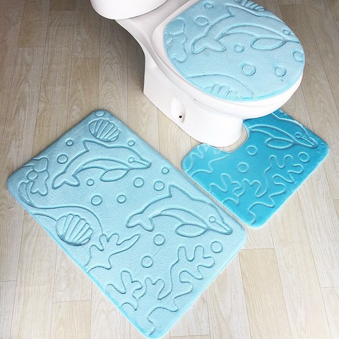 욕실 변기 3종 세트 카펫 매트리스 욕실 흡수 미끄럼 방지 매트리스 발판, 50x80cm 3종 세트, 푸른 돌고래