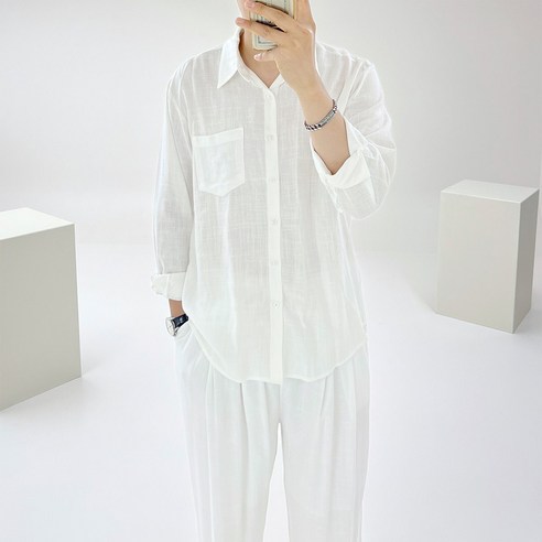 아도르클래식 리플레쉬 린넨 면 오픈 카라 캐주얼 셔츠