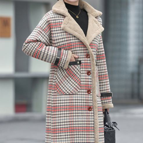 Sevalo 2022 초봄 중년 부녀 빅 사이즈 하프 체크 모직 코트 기모 도톰한 램스울 퍼 일체형 코트