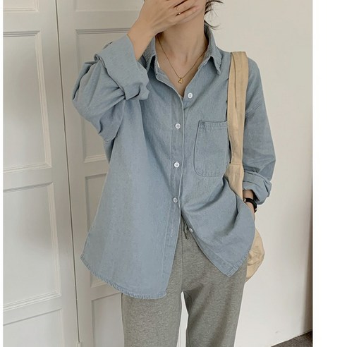 블루 데님 셔츠 이른 봄 여성복 디자인 쁘띠 미나토 긴팔 상의 양풍 셔츠 아우터 습기