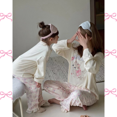 하와즈 맘커플 귀엽리본 야옹이 엄마랑 딸 커플파자마 모녀홈웨어 잠옷상하세트