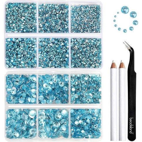 Beadsland(비즈랜드) 네일 아트 공예용 8300PCS 플랫백 라인석 세트 왁스 펜슬 및 핀셋과 혼합된 10가지 크기 SS3-SS30, 8300개, 아쿠아마린