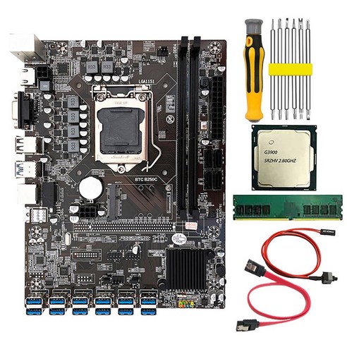 Lopbinte B250C BTC 마이닝 마더보드(G3900 CPU+8G DDR4 RAM+스위치 케이블 포함), 마이닝 마더보드