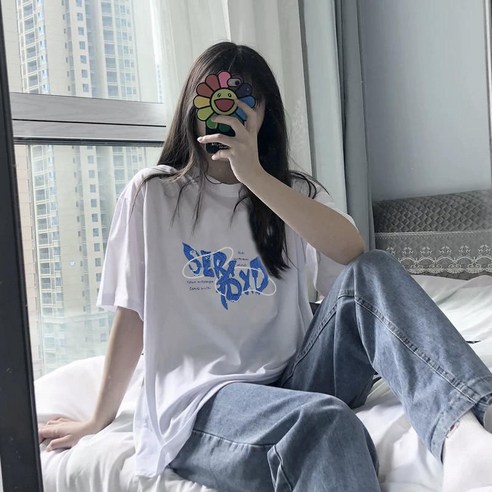 화이트 프린팅 여성 티셔츠 여름 캐릭터 루즈핏 빅사이즈 반팔