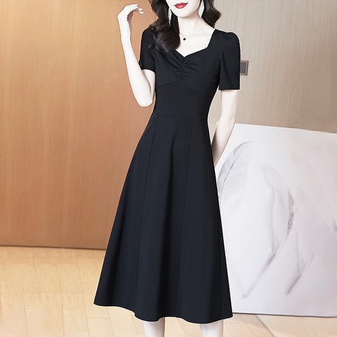 【TOW】여성 여름 새로운 프랑스 허리 꽉 얇은 검은 드레스 우아한 V 넥 짧은 드레스