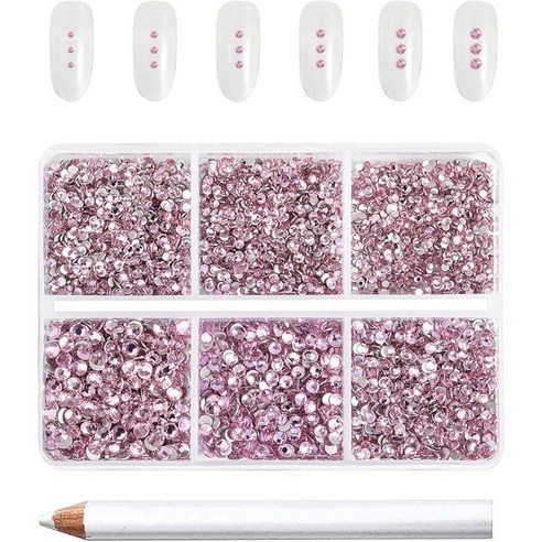 Beadsland(비즈랜드) 네일 아트 공예용 7200PCS 플랫백 라인석 세트 왁스 펜슬 1개 혼합된 6가지 크기 SS3-SS10, 7200개, 라이트핑크