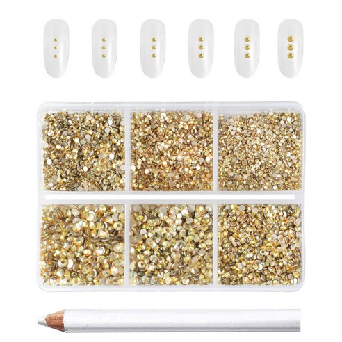 Beadsland(비즈랜드) 네일 아트 공예용 7200PCS 플랫백 라인석 세트 왁스 펜슬 1개 혼합된 6가지 크기 SS3-SS10, 7200개, 금속햇빛