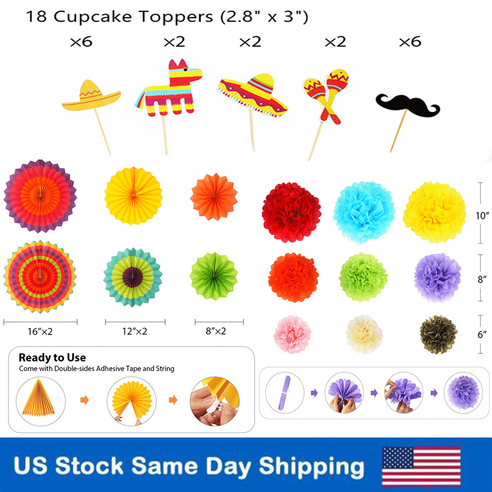 3X33 Pcs 축제 장식 종이 꽃 팬 컵케익 Toppers 멕시코 파티 장식 미국, 보여진 바와 같이, 하나
