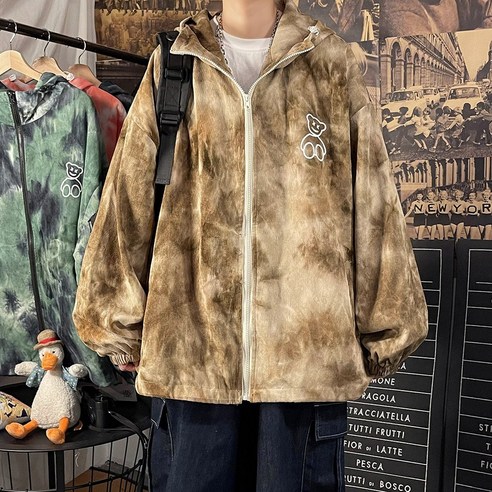 작은 곰 넥타이 염색 자켓 남자 가을 패션 브랜드 힙합 튀김 거리 의류 봄과 가을 한국어 스타일 유행 고급 느낌 Ruffian 잘 생긴 재킷