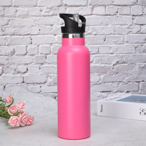 스테인레스 스틸 야외 스포츠 밀짚 컵 미국 대형 입 플라스크 보온병 컵 대용량, 핫 핑크, 21oz