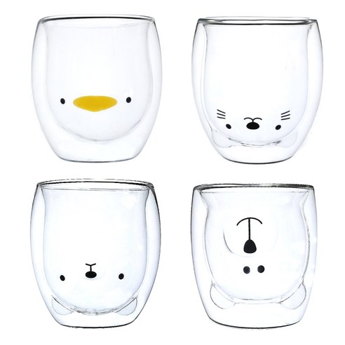 [모사찌] 동물컵 이중 내열 유리컵 머그컵 세트, 스마일곰+무뚝뚝곰+고양이+오리, 1세트
