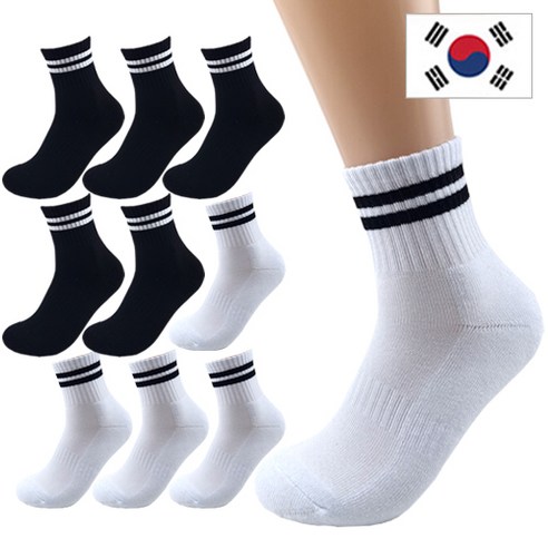 올리싹 5+5 두꺼운 남성용 국산 더블쿠션 두줄 스포츠 중목 양말, 화이트+블랙, 10개