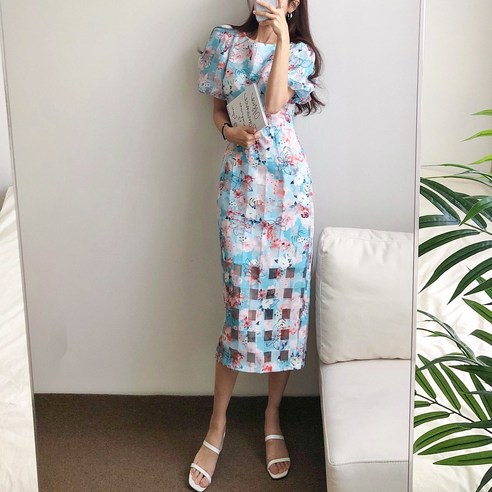 요시아나 [당일발송] 오리엔탈 릴리 플라워 퍼프소매 롱원피스 퍼프드레스