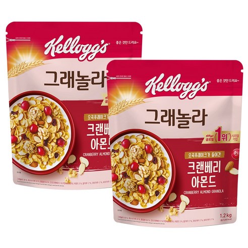 켈로그 크랜베리 아몬드 그래놀라 시리얼, 1.2kg, 2개