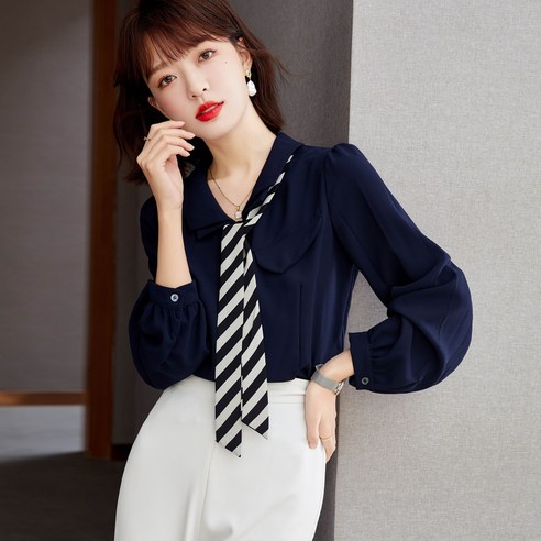 레트로 칼라 리본 셔츠 롱 슬리브 블라우스
