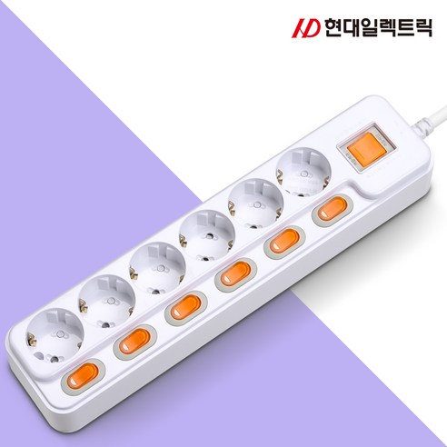 국산 현대 개별 +과부하차단 접지 멀티콘센트 가정용 사무용 멀티탭 6구 (16a), 1개, 1.5m, 화이트