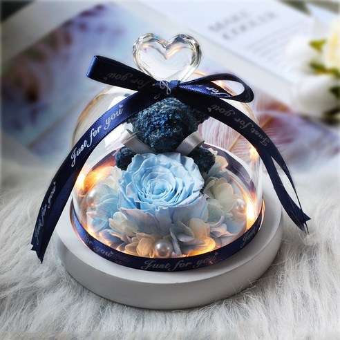 [LOVE MQ] 테디 베어 꽃 영원한 로즈 아름다움과 야수 말린 꽃 유리 돔 웨딩 홈 장식 생일 선물, 하나, 미니 Bear09-blue