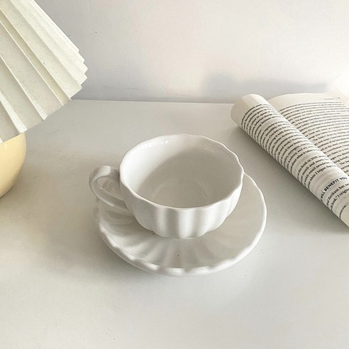 하자 ins풍 산뜻하다 심플하다 창의적 도자기 커피잔 조개 커피잔 접시 아침잔, 약 200ml, 화이트 조개 빈티지 세트(미세 하자)