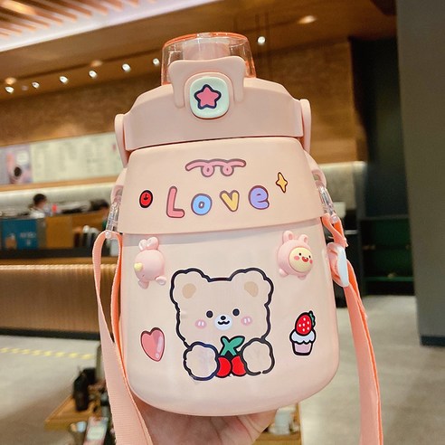 대배 보온컵 대용량 귀엽다 빨대 여사 고안치 물컵 900ml 휴대용, 핑크+랜덤 스티커+랜덤 액세서리