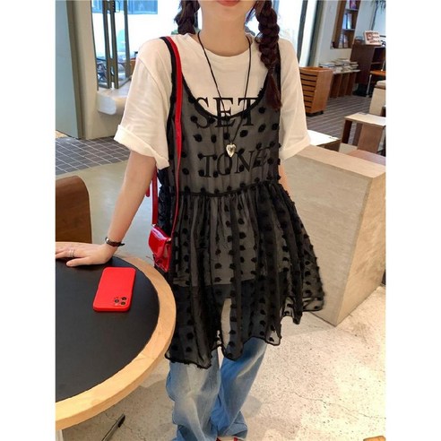 레이어드 원피스 메쉬 쉬폰 프린팅 라운드넥 티셔츠 세트