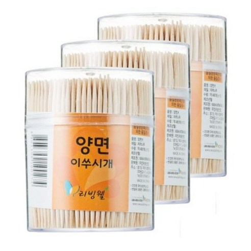 리빙웰 자작나무 양면 대 이쑤시개 원통, 480개입, 3개