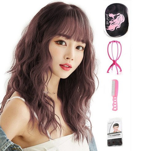 가발위드 긴머리 웨이브 히피펌 탑텐 통가발1개 +가발걸이1개+가발전용빗1개+가발망1개 세트상품, 블랙핑크