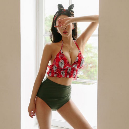 벤디스 빈티지로즈 홀터넥 비키니 수영복 하이웨스트 비치웨어