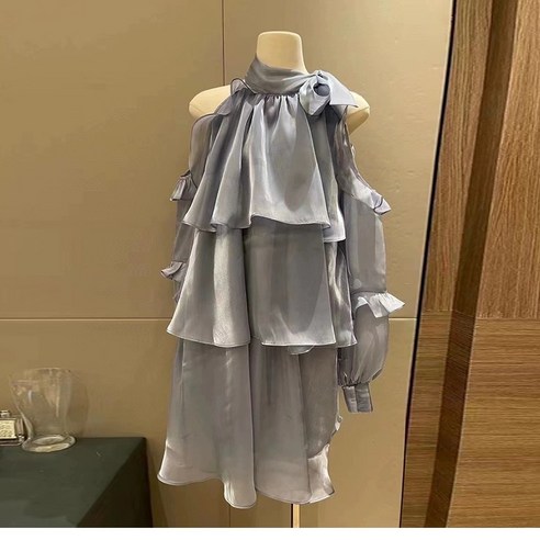 오간자실크드레스 오프숄더 유럽 역 여름 새로운 프랑스어 긴팔 드레스 여성 활 오프 어깨 연꽃 잎 소매 홀터넥 넥 중간 길이