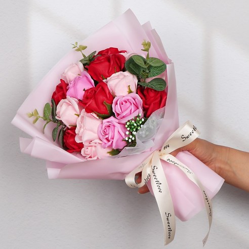 플로잉 장미 비누꽃+쇼핑백 15송이 꽃다발, Red & Pink+쇼핑백