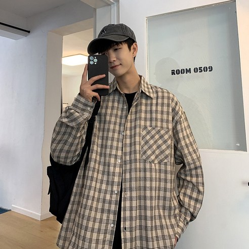 DFMEI 남성 캐주얼 셔츠 격자 무늬 긴팔 셔츠 남성 봄과 가을 느슨한 캐주얼 코트 트렌디 레트로 잘 생긴 셔츠