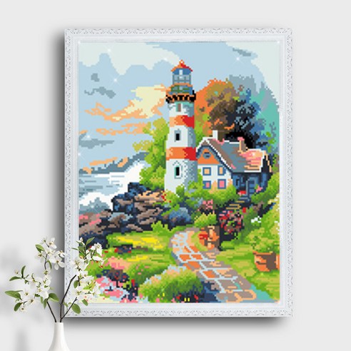 오늘의오브제 DIY 보석십자수 캔버스형 50x40cm, 1개, B1_09_등대가 있는 집