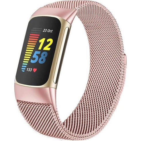 Surundo 여성 남성용 Fitbit Charge 5 밴드와 럭셔리 피트니스 건강 트래커용 금속 메쉬 밀라노 루프 스트랩 교체Fitbit 5에, Pink gold 스마트밴드