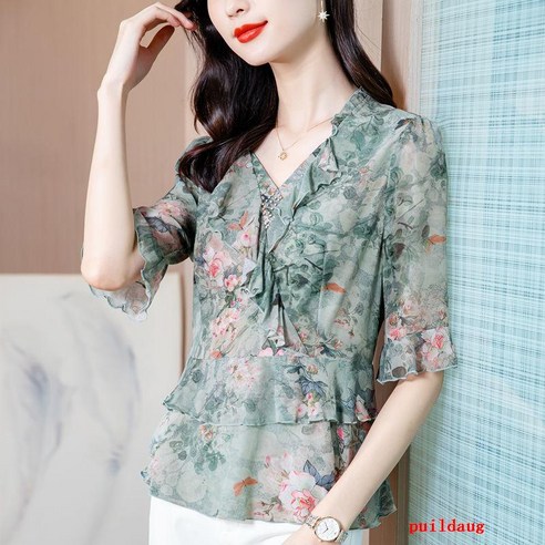 puildaug 셔츠 여성의 여름 짧은 소매 패션 꽃 실크 탑