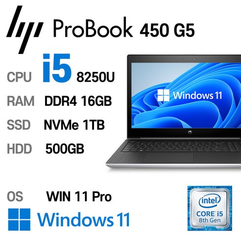 HP Elite Book 450 G5 i5-8250U Intel 8세대 16GB 가성비 좋은 전문가용 노트북, ProBook 450 G5, WIN11 Pro, 1TB, 코어i5 8250U, HDD 500GB