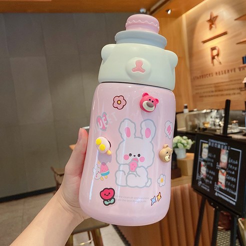 보온컵 여자 고안가 주전자 휴대용 야외 선녀 컵 배 빨대 물컵, 핑크+스티커+액세서리, 1130ml