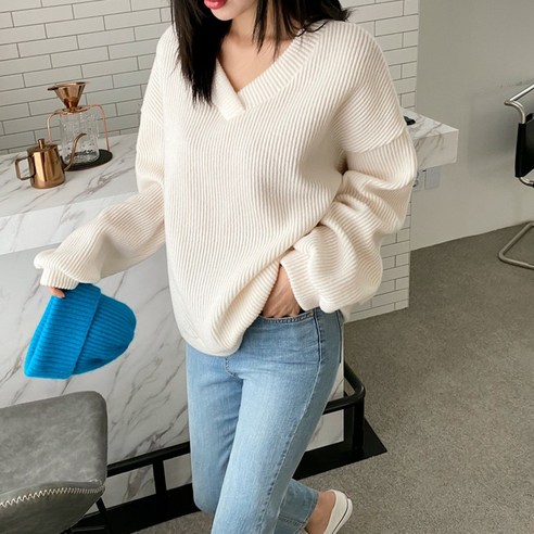 빅걸스토리 빅사이즈 여성 볼륨 겹브이넥 루즈핏 도톰 골지 기모 티셔츠