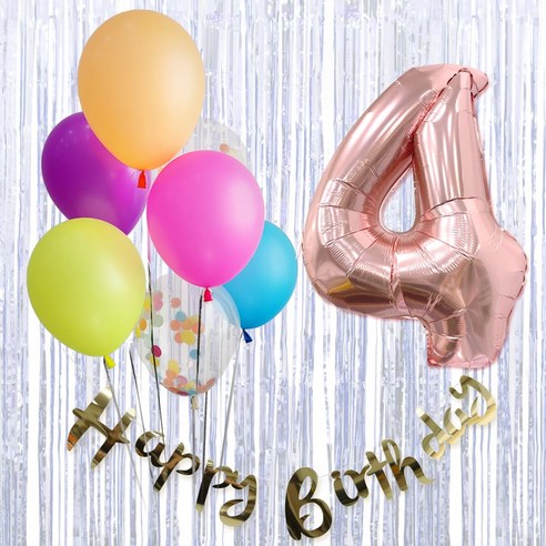 생일파티 4종세트(네온형광) 생일파티 파티용품, 4종세트(네온형광) 숫자풍선(로즈골드) 4