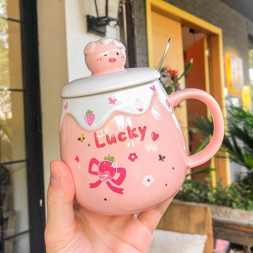 돼지 배 큰 도자기 컵 핑크 하트 물컵 뚜껑 사무실 창의 머그컵, 스푼-lucky, 500ml