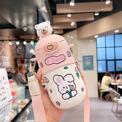 [LM] 500ml 곰 스티커 보온병 스테인레스 스틸 절연 뜨거운 음료 컵 밀짚 선물, {"크기":"500ml"}, Pink A