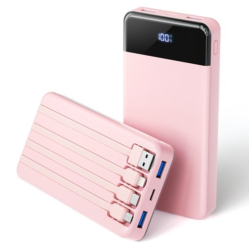 일체형 보조배터리 고속충전 30000mAh 대용량 PD 22.5W QC3.0 잔량표시+ 4개 케이블 멀티단자, 핑크, N6