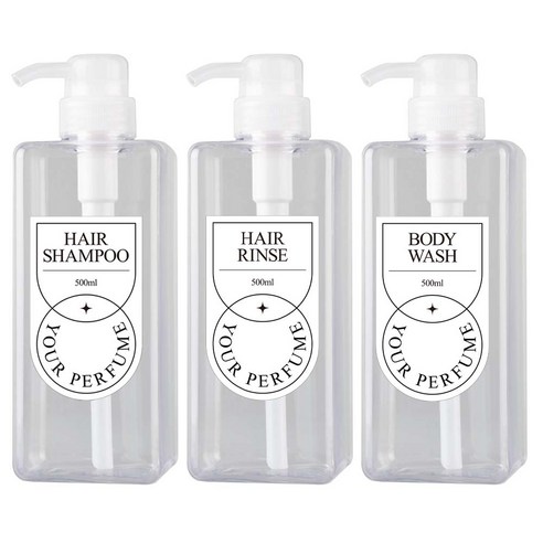 2+1 유어퍼퓸 사각 공병 500ml 샴푸 린스 바디워스 라벨, 3개, 투명+라벨 스티커